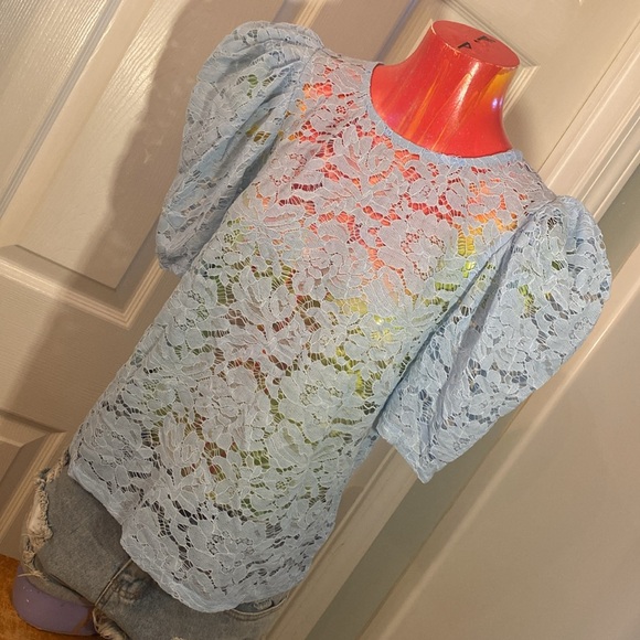 Haute Monde Light Blue Lace Blouse - Picture 4 of 11